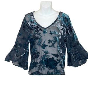 W5 Anthropologie Sheer Mesh Floral Teal Silver Velvet Bell Sleeve V-Neck Top - L